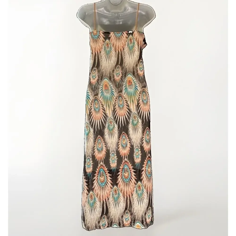Dry Lake Naomi Long Dress Size Small Peacock Feather Print Maxi Resortwear Brown
